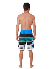 Board shorts that are striped in blue, charcoal, white, and turquoise. Back view.