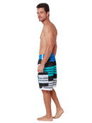 Board shorts that are striped in blue, charcoal, white, and turquoise. Side view.