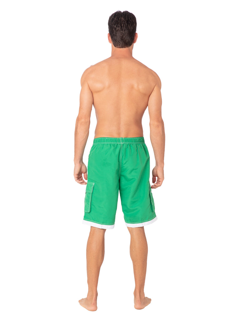 Swim-long shorts in green and white trim, back view