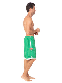 Swim-long shorts in green and white trim, side view