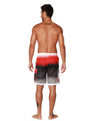 Board shorts in classic stripes of red, white and black. Back View