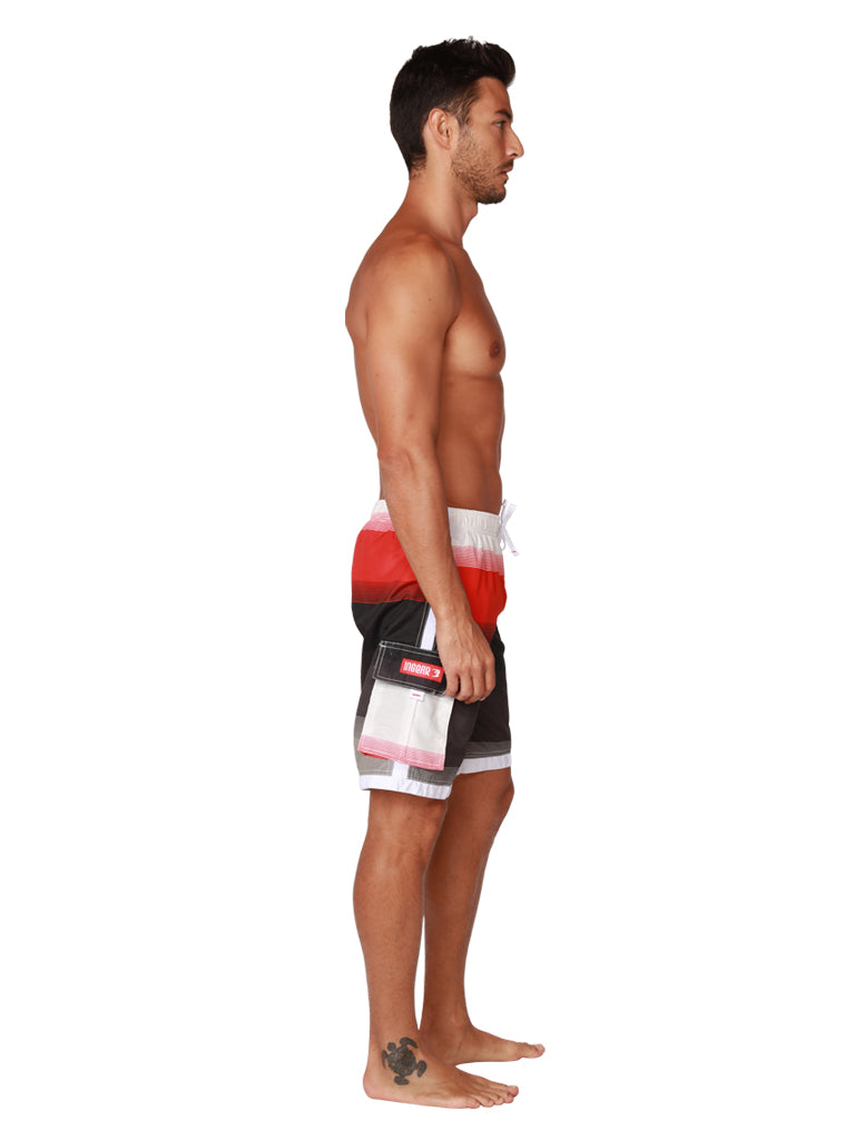 Board shorts in classic stripes of red, white and black. Side View