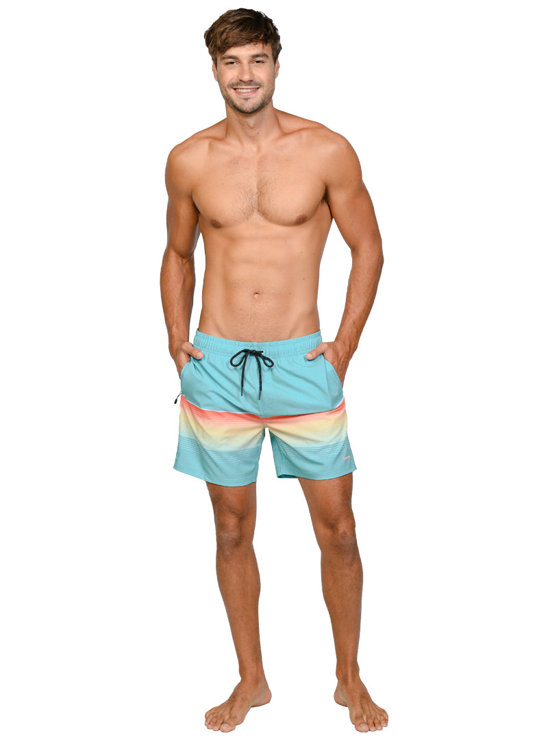 Sunrise stripe print on a 4 way stretch short with full boxer lining inside