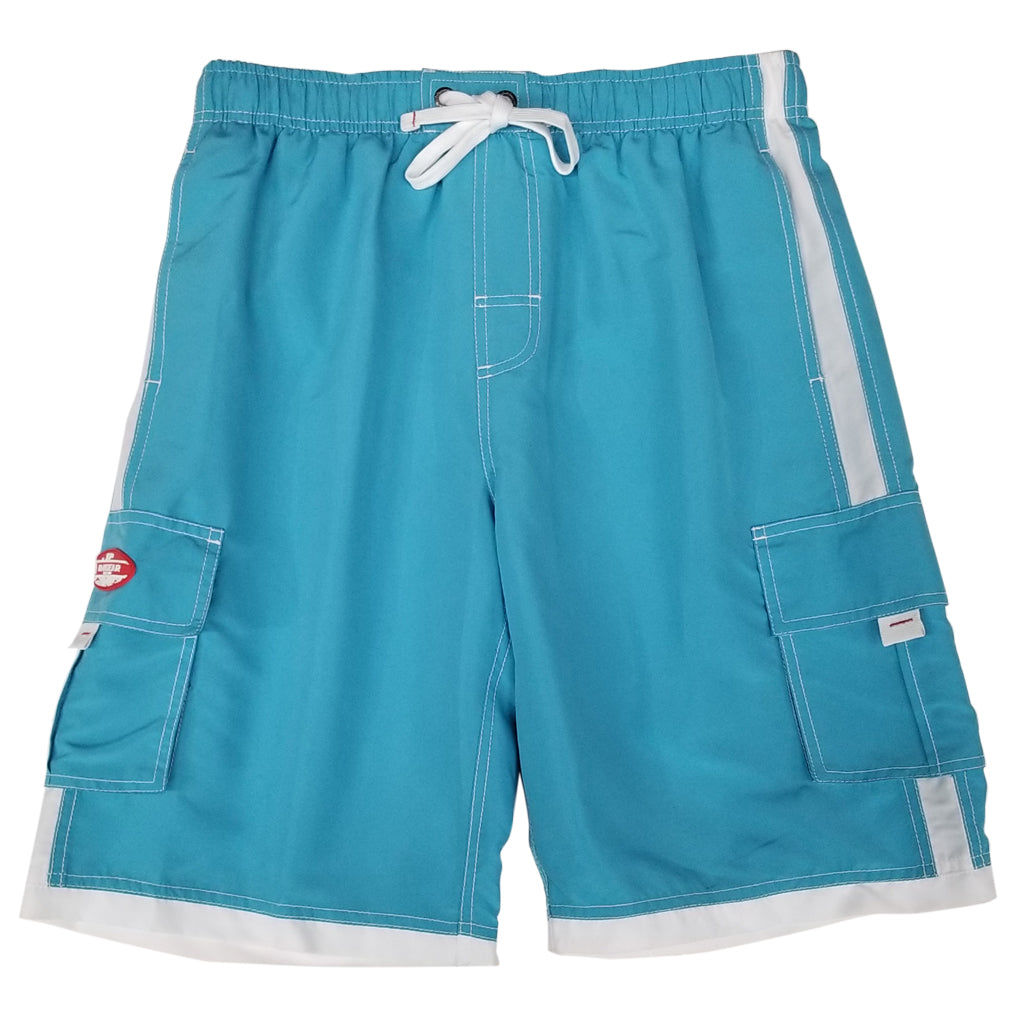 Boys' cargo shorts the longer swim trunks in solid colors and white detail