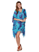 V-neck tie-dye poncho with fringe bottom, front view.