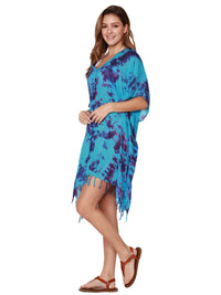 V-neck tie-dye poncho with fringe bottom, side view.