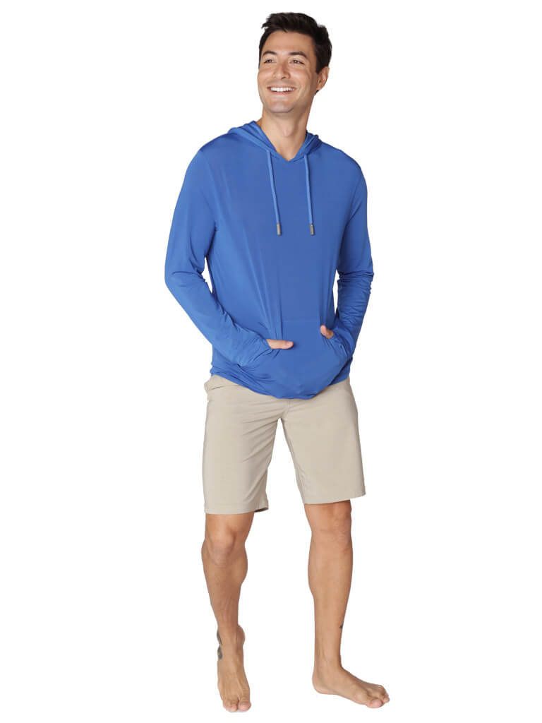 Mesh Hoodie, front view in Royal, Also available in Black / White and Grey