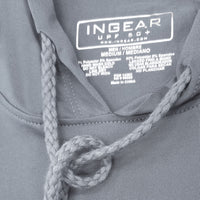 Solid hoodie construction with braided pull cord and strategic double stitching where needed the most. Note the UPF 50 on the garment stamping. A criteria of sun protection quality