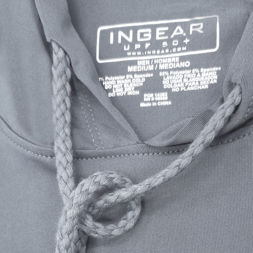 Solid hoodie construction with braided pull cord and strategic double stitching where needed the most. Note the UPF 50 on the garment stamping. A criteria of sun protection quality