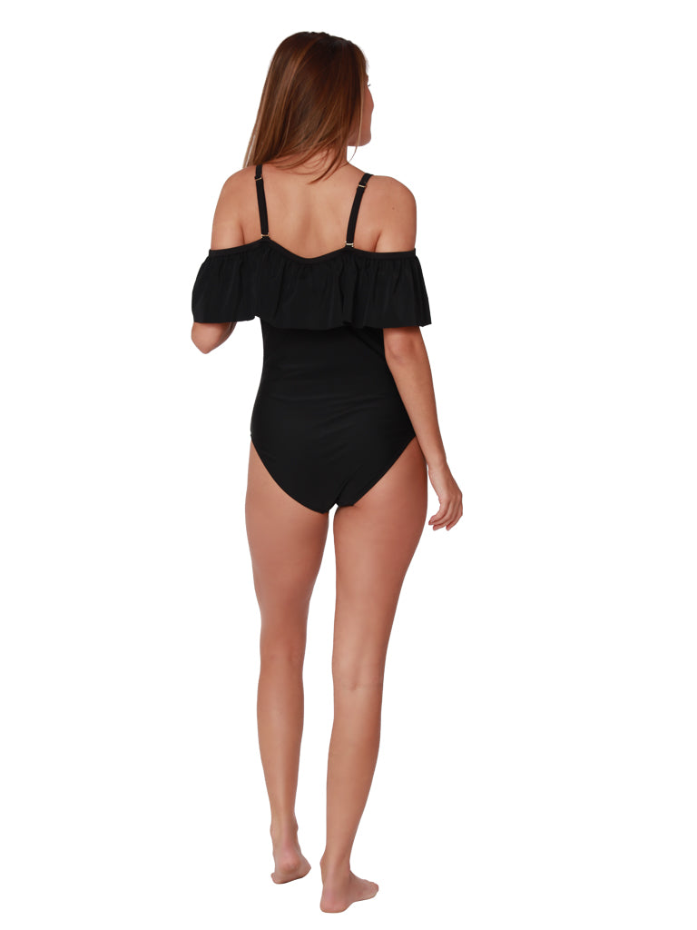 Off the shoulder black one piece swimsuit, back view