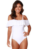Off-the-shoulder ruffle top one piece swimsuit for women in white