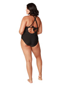 Back view of black lace-up one piece bathing suit