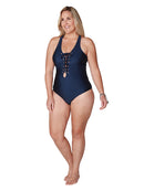 Lace-up front deep v-neck one piece bathing suit