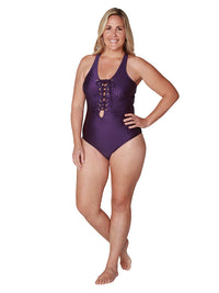 Lace-up front deep v-neck one piece bathing suit