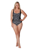 Shirred front one piece bathing suit in Ziggy print pattern