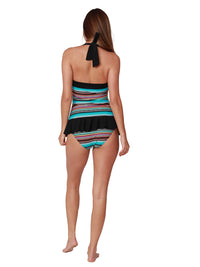 A plus-size one-piece bathing suit with plenty design originality. Back view