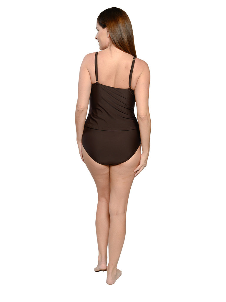 Front shirred tankini with mid-rise pant bottom